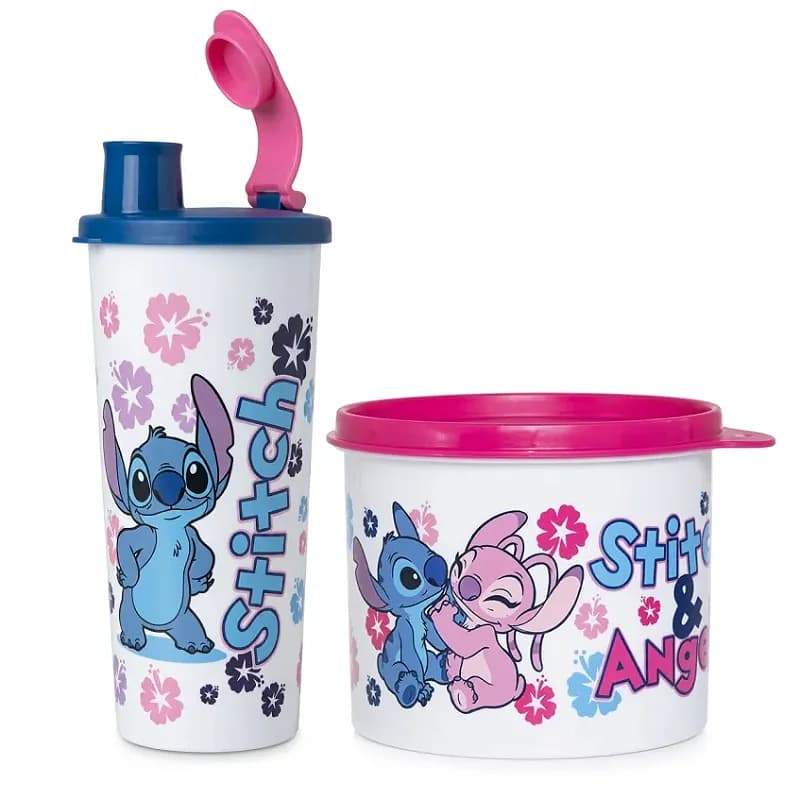 Kit Tupperware Stitch e Angel Copo + Redondinha 2 pecas